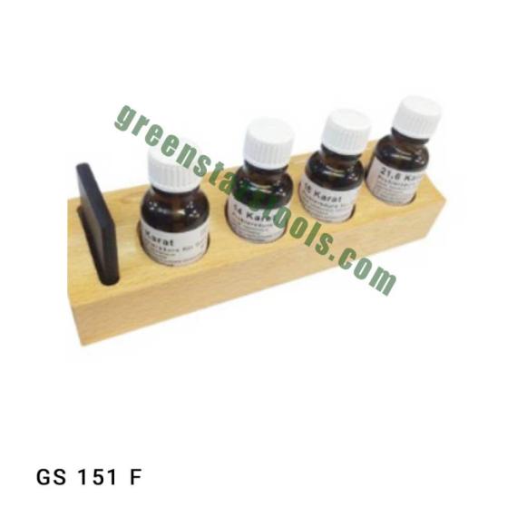 4 ACID BOTTLES & I STONE ON WOODEN STAND