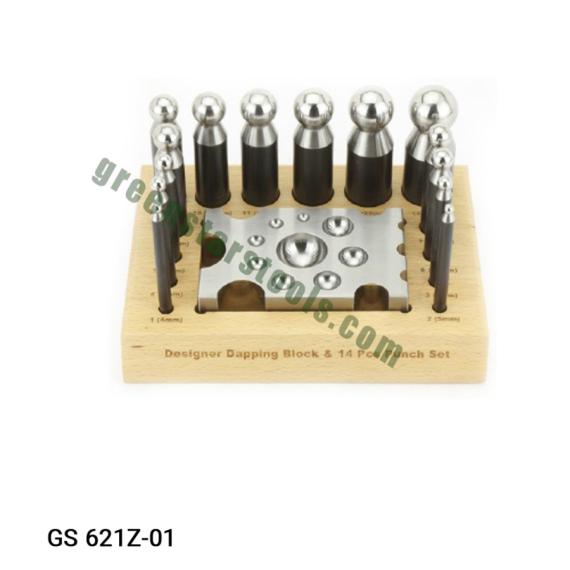 4 DESIGNER DAPPING BLOCK AND 14 PUNCH SET WITH WOODEN STAND (MIRROR FINISH)