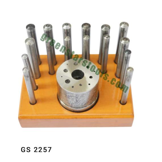 CLOCKMAKERS STAKING TOOL WITH 16 PUNCHES ON WOODEN STAND