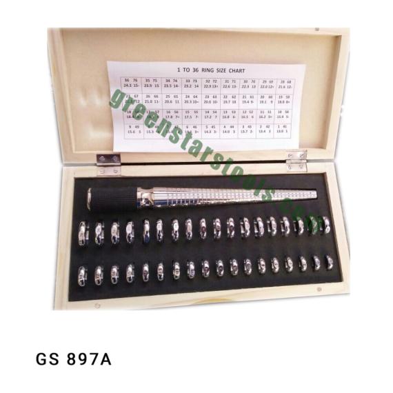 FINGER SIZES GAUGE & RING STICK WITH RUBBER GRIP IN BLACK WOODEN BOX UNIVERSAL