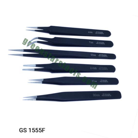 TWEEZERS BLACK EPOXY COATED SET OF 6 PCS