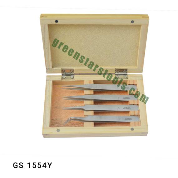 TWEEZERS SET OF 4 IN WOODEN BOX
