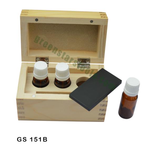 WOODEN BOX WITH 3 ACID BOTTLES & 1 STONE