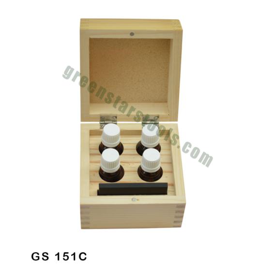 WOODEN BOX WITH 4 ACID BOTTLES & 1 STONE