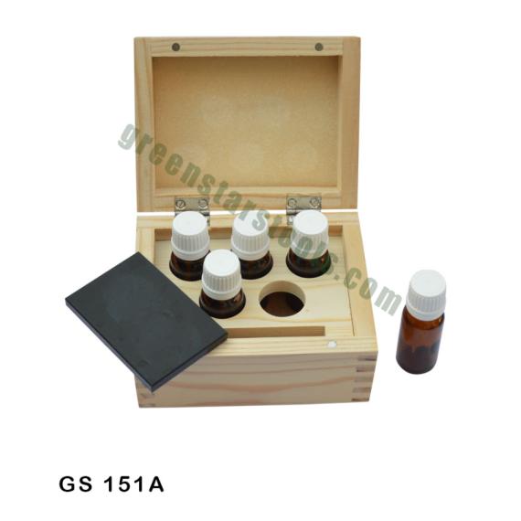 WOODEN BOX WITH 5 ACID BOTTLES & 1 STONE